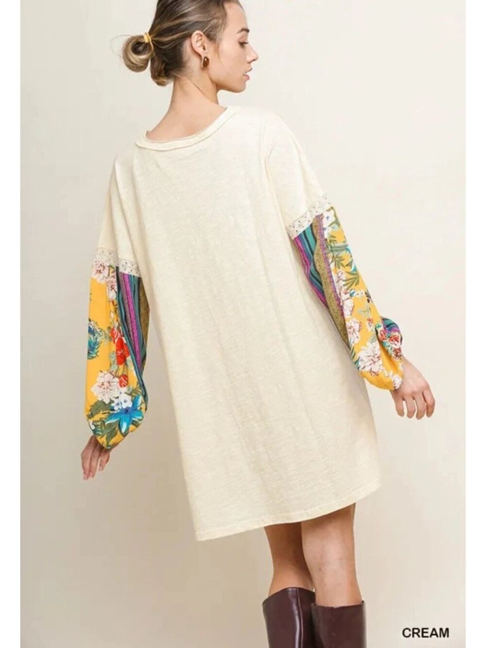 Umgee Dress Cream With Tropical Floral Puff Sleeves Boho Festival Knit - Picture 3 of 4
